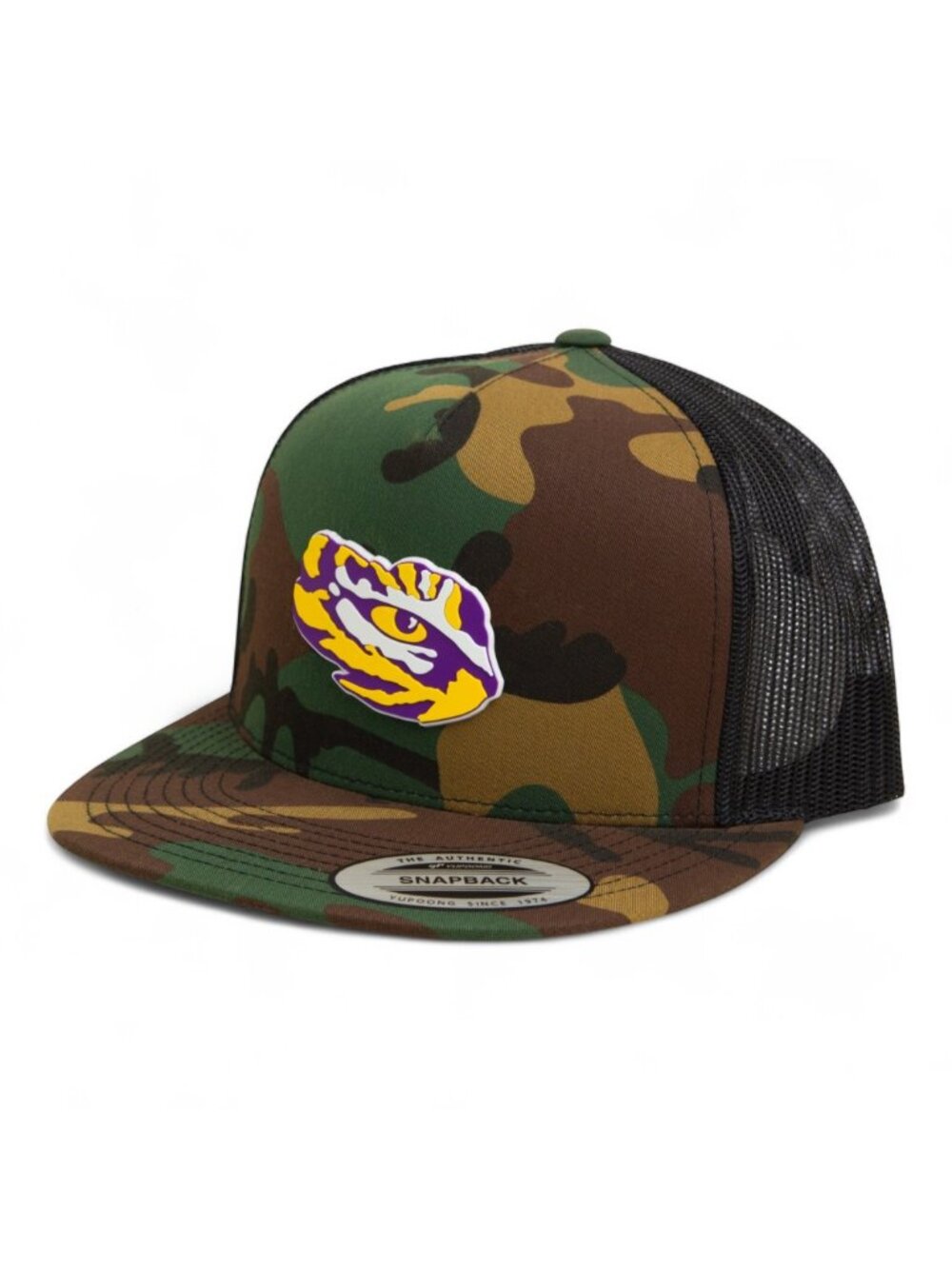 LSU Tiger Eye Snapback Flat Bill Trucker Hat- Army Camo/ Black